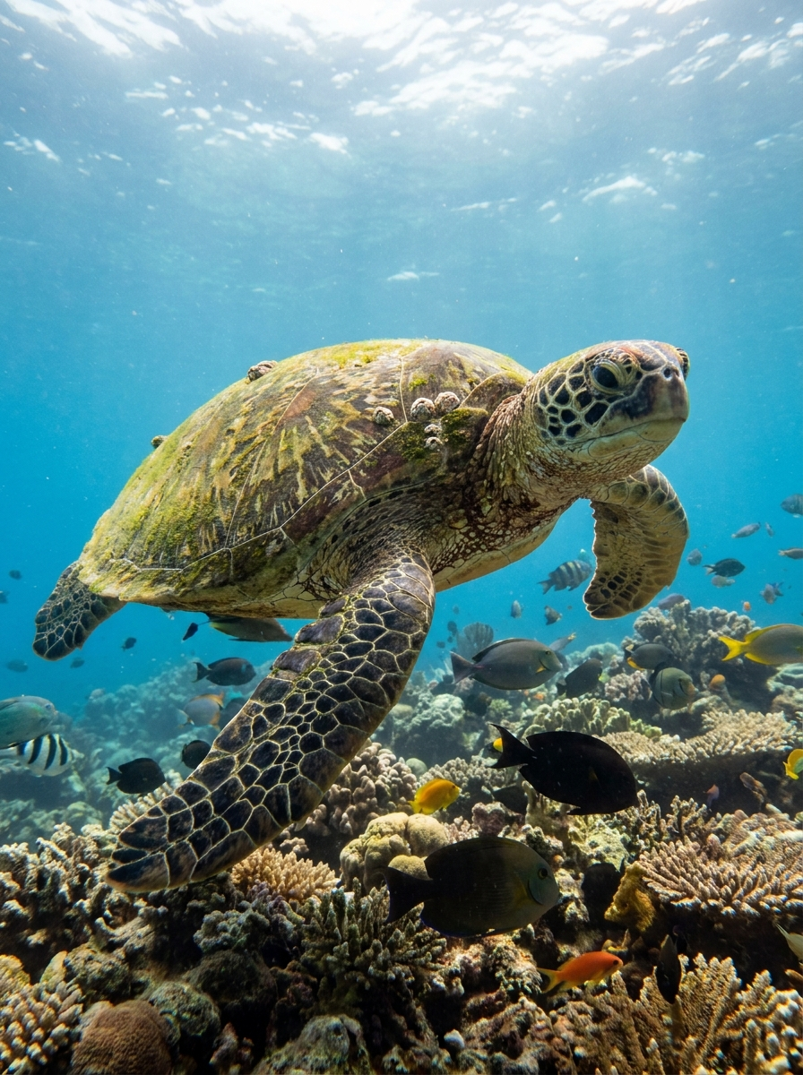 Tartaruga marinha verde nadando sobre recife de corais com cardume de peixes coloridos ao redor